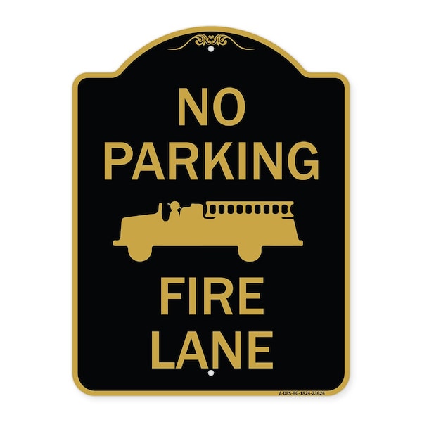Signmission No Parking Fire Lane W/ Graphic, Black & Gold Aluminum Architectural Sign, 18" x 24", BG-1824-23624 A-DES-BG-1824-23624 - main